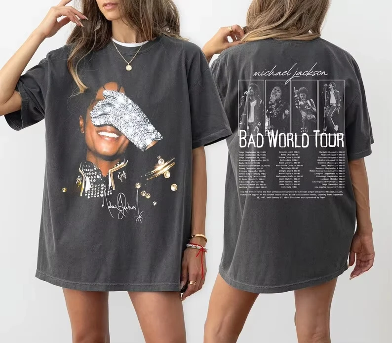 Summer Fashion Trendy Tee Men Women Vintage Top Michael Jackson Bad World Tour 1987 T-shirt King of Pop Unisex Fan Gift