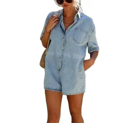 Frauen Büste Spleiß Tasche Overall Sommer Revers Hals einreihig halb offen dünne Denim Stram pler Shorts weibliche lässige Streetwear