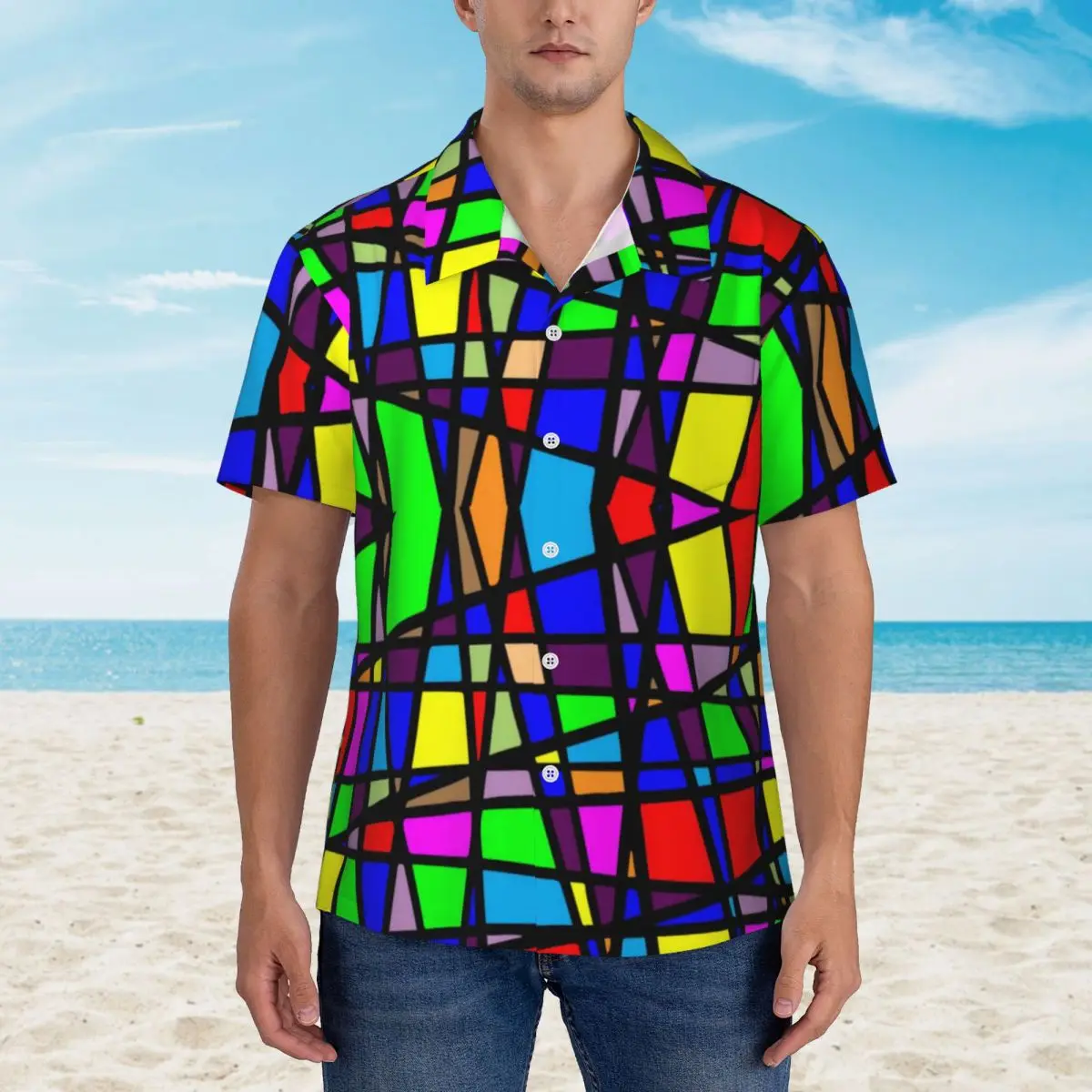 

Electric Rainbow Casual Shirt Abstract Geometry Design Trendy Hawaiian Shirts Man Beach Streetwear Design Oversized Blouses