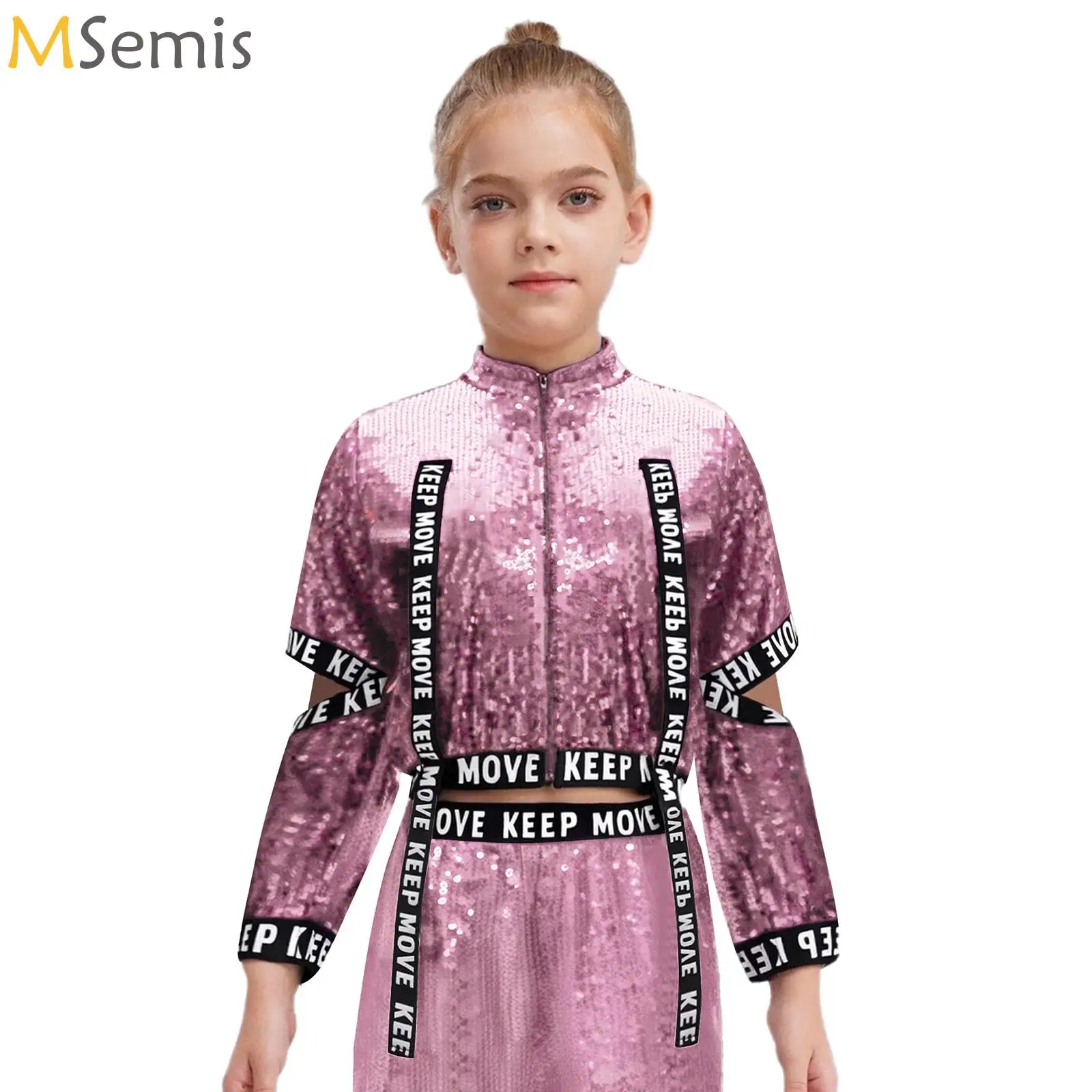 

Kids Hip-Hop Jazz Dance Jacket Tops Shiny Boys Girls Cutout Sleeves Outerwear Hip-Hop Jazz Dance Stage Performance Costume