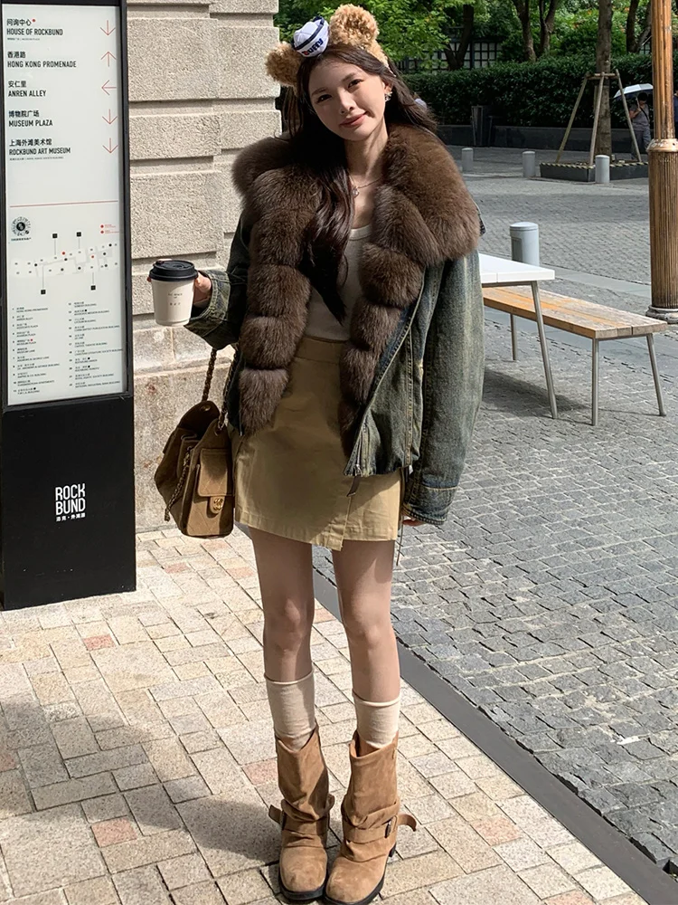 Neue Winter Luxus Weibliche Denim Jacke frauen Gans Unten Jacke Natürliche Echt Fox Pelz Kragen Mäntel Outwear