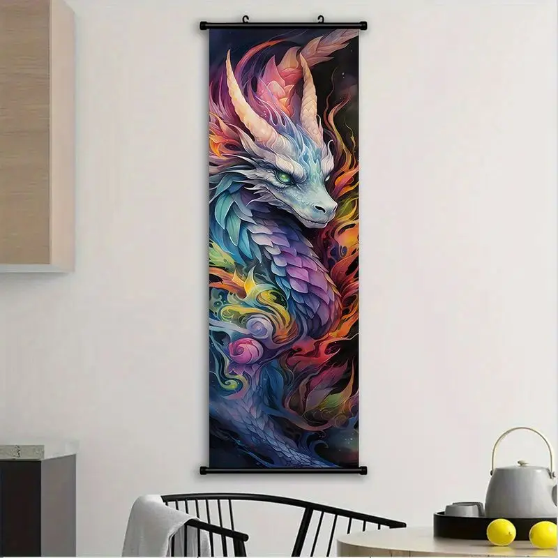 Vertical Scroll Dragon Tapestry Rainbow Mythical Dragon Fantasy Oriental Scroll Mural Living Room Entrance Wall Decoration