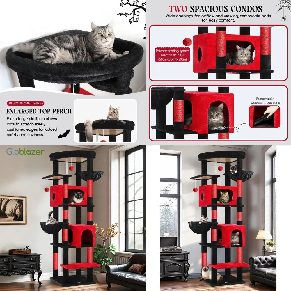 

Прочная кошачья башня в готическом стиле 7 для больших кошачьев с 7 когтеточками, 2 лежаками, 2 корзинами и увеличенным окунем — красный, черный S74
