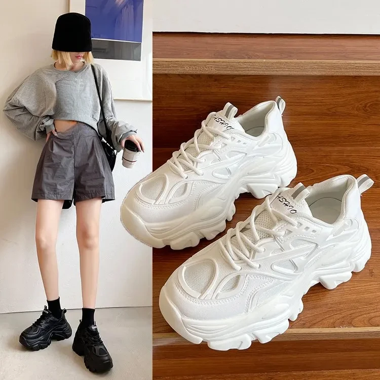 New Black Dad Chunky Sneakers Casual Vulcanized Shoes Woman High Platform Sneakers Lace Up White Sneakers Women 2023