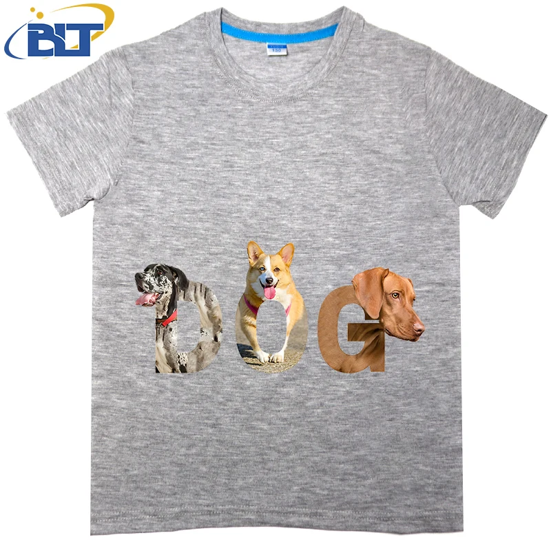 Kaus anak motif logo anjing, atasan kasual katun murni lengan pendek, cocok untuk anak laki-laki dan perempuan musim panas