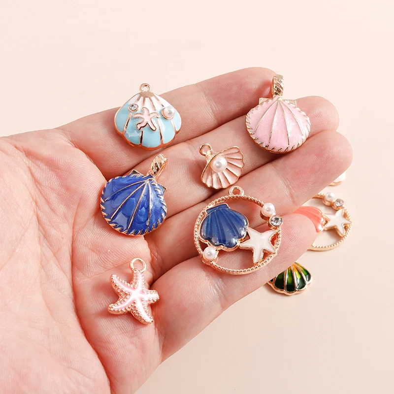 Leslie 10pcs Enamel Marine Organism Metal Starfish Conch Shell Charms for Earrings Bracelet Necklace DIY Jewelry Accessories