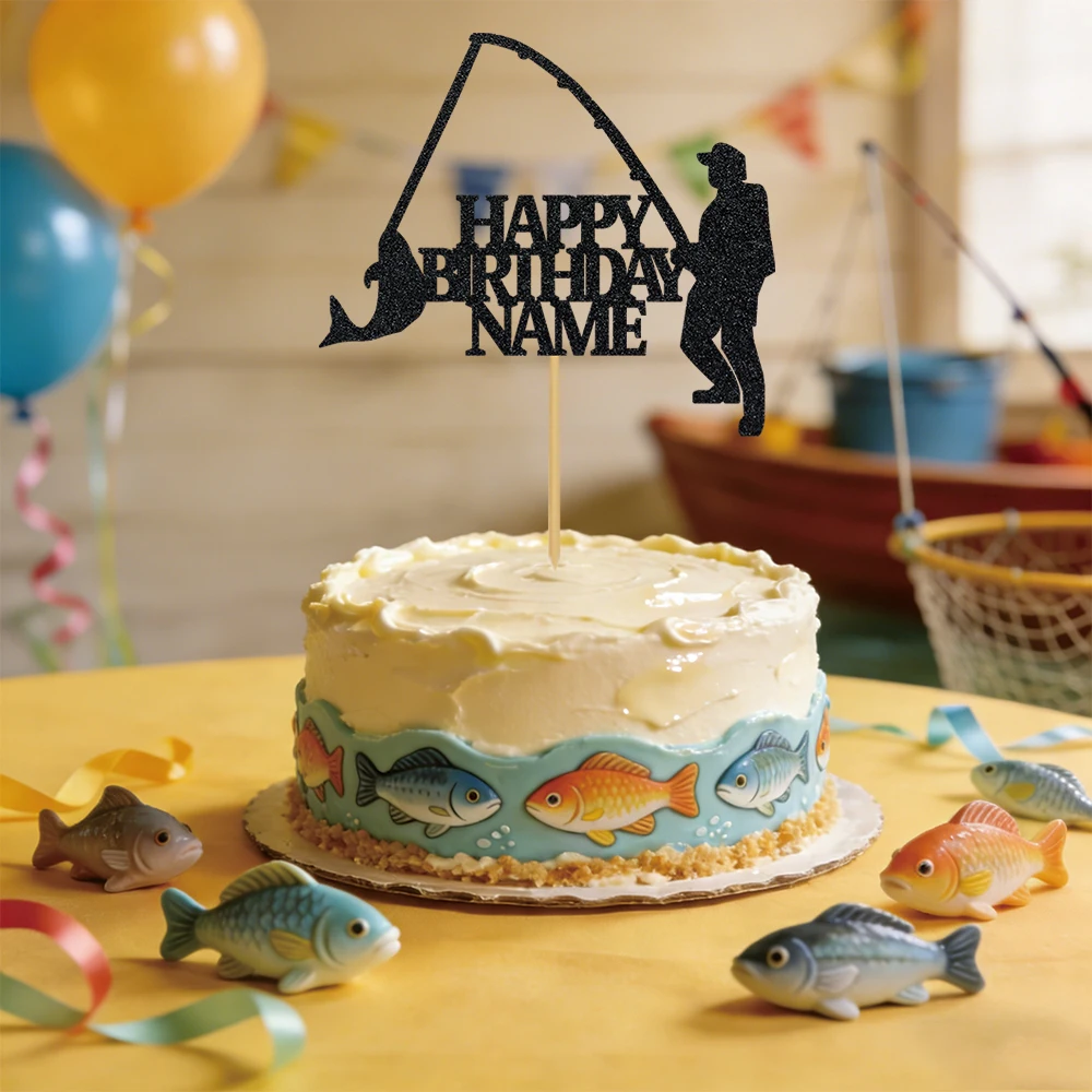 Personalisierter Glitzer-Geburtstagstortenaufsatz zum Angeln, individuelles Fischermuster mit Namen, Kuchendekoration, Party-Kuchendekoration