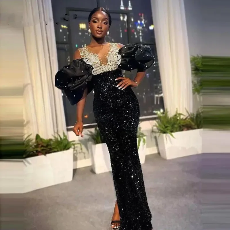 

Sparkly Black Sequined Mermaid Prom Dresses Sheer Neck Beading Pearls Puffy Sleeves Aso Ebi Party Gowns Guest Wear Robe De Bal