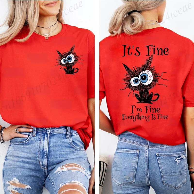 Women T-Shirt Everything Is Fine Black Cat Print Tops, Soft Breathable Round Neck Short Sleeve Tee, Unisex Fun Quirky Style Tops