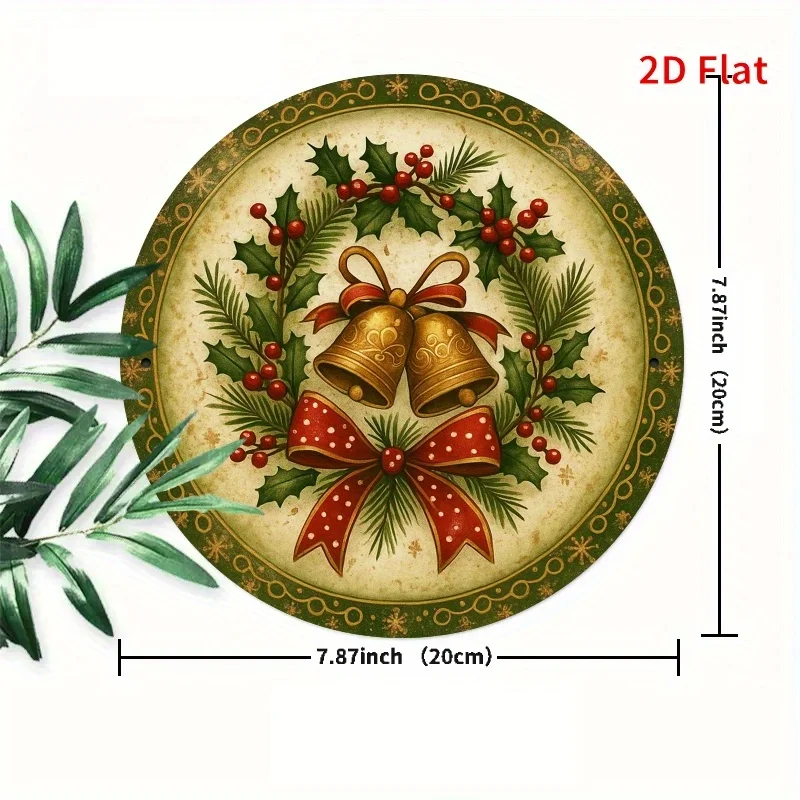 2D Flat, Vintage Christmas Aluminum Wall Decor - Round Holiday Sign with Golden Bells, Holly Berries & Red Ribbon Bow