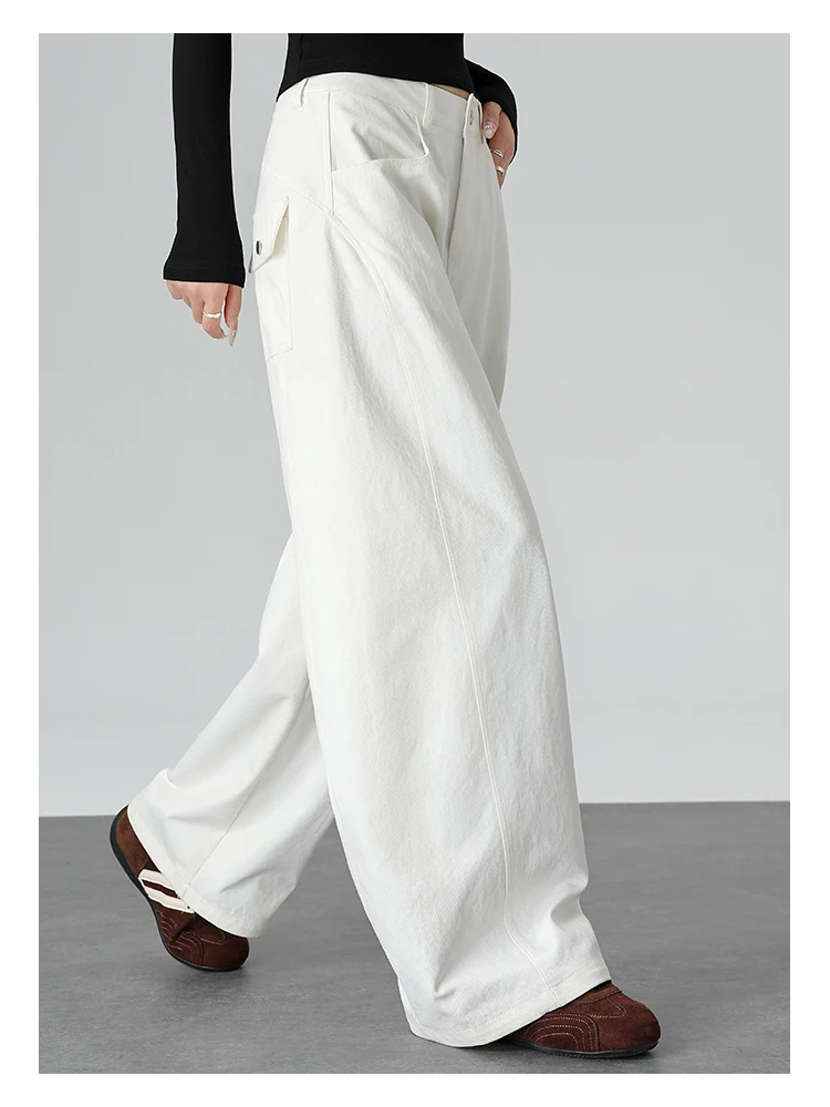 Hochgeschnittene Gerade Hose für Damen, Vintage-Stil mit Klappentasche, Gerade Weite Hose im Koreanischen Stil, Drapierendes Design, Schlankmachende Lange Hose – Detail 13
