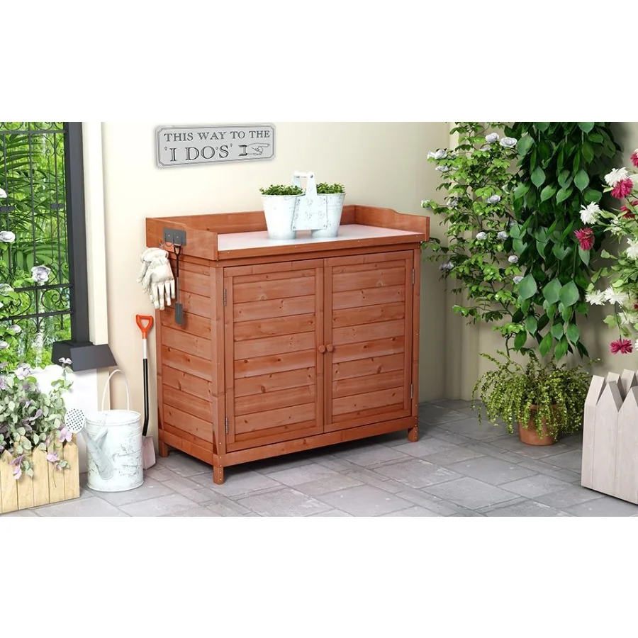 

TOPMAX Outdoor 39 Potting Bench Table Rustic Garden Wood Workstation Storage Cabinet Garden Shed with 2Tier Shelves and Side Ho
