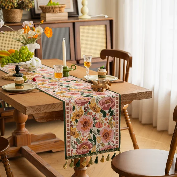 Floral Jacquard Table Runner with Tassels, Boho Style Cotton Linen Table Flag for Wedding Party Dining Room Home Decor