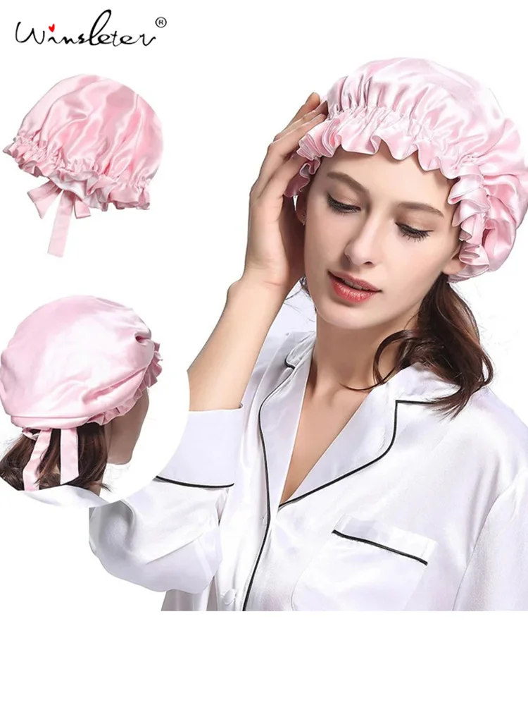 Winsleter,Double Layered 100%Real Silk Elegant Bonnets,Female Sleeping Night Hair Wrap,Cap For Curly Ladies,Headwrap A34319M