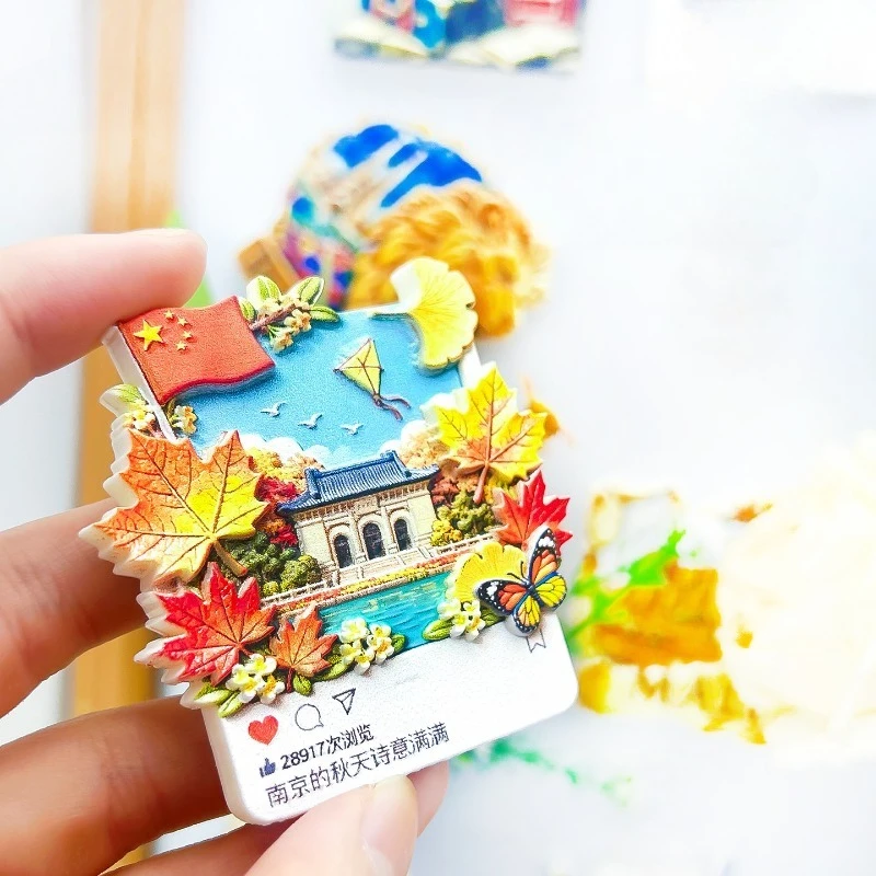 Nanjing China Fridge Magnet - Whimsical 3D Chat Bubble & Fall Scene Unique Seasonal Souvenir for Travel & Literary Home Decor