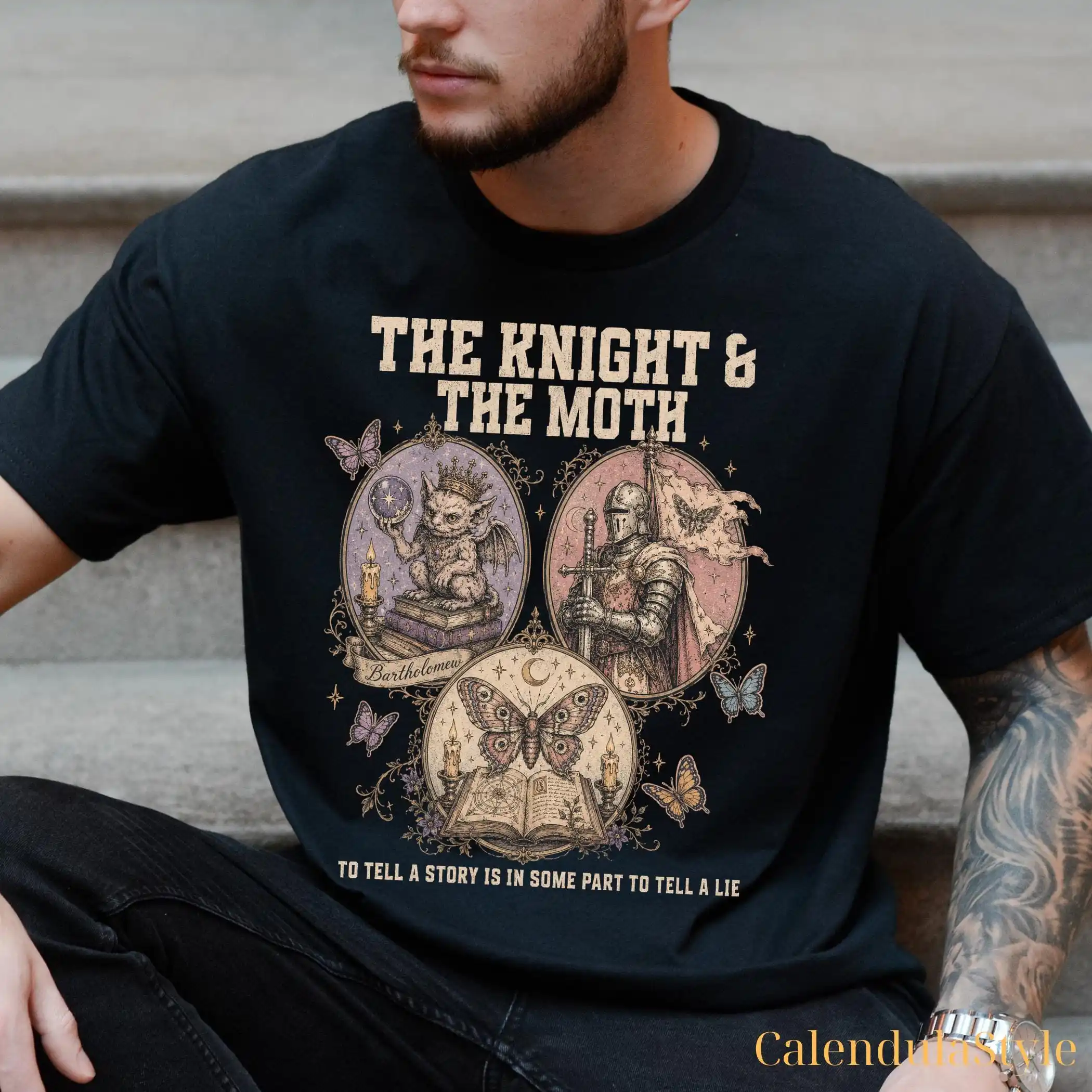 Bartholomew Knight and Moth Shirt, The Knight and The Moth Tee Shirt, Inspirational Gargoyle T-Shirt, Moon and Moth Reader Top