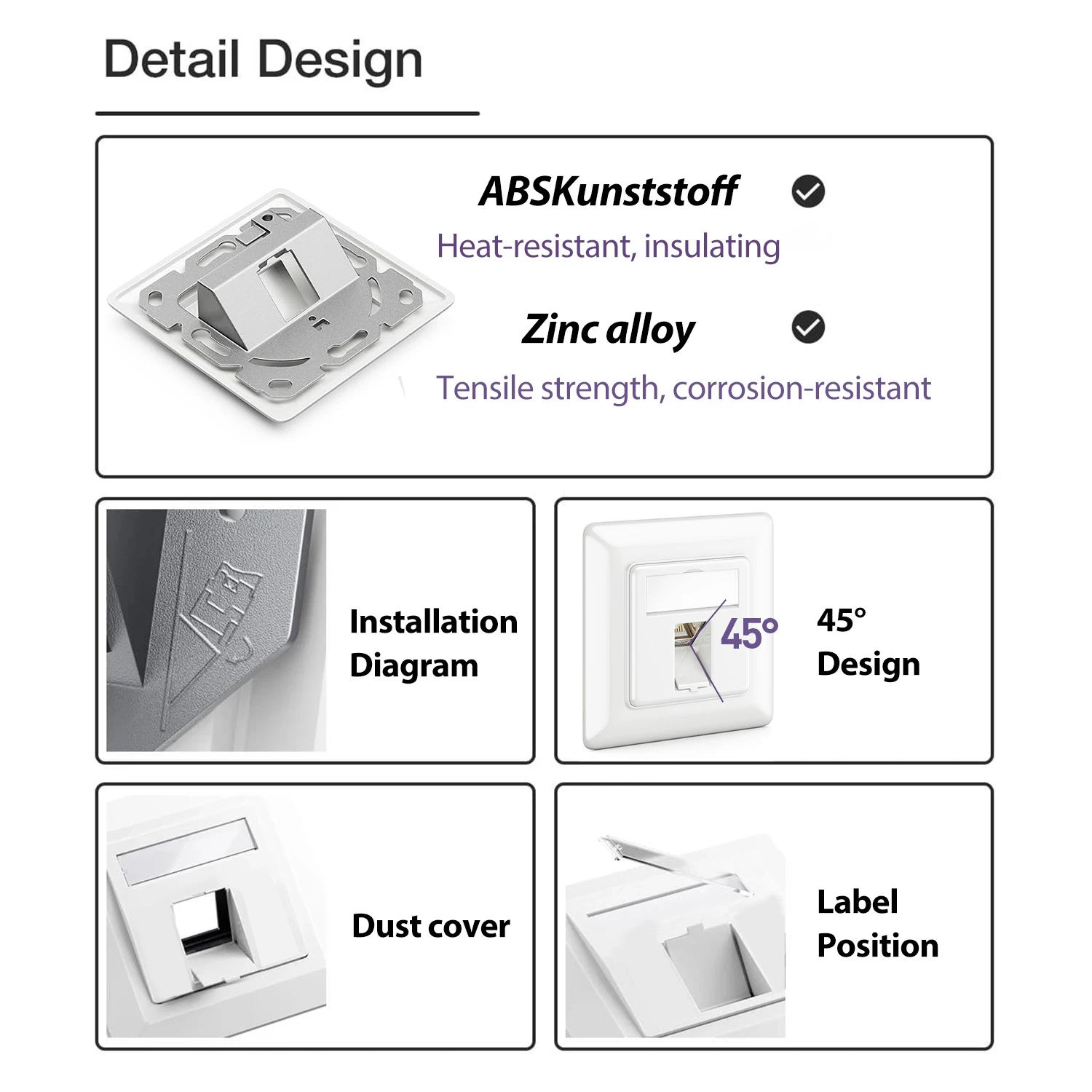 ZoeRax 1-Port Unterputz-Netzwerkbuchse RJ45 Ethernet-Datenbuchse mit RJ45 CAT8 CAT7 CAT6A Vollständig geschirmten Keystone-Buchsen – Detail 4