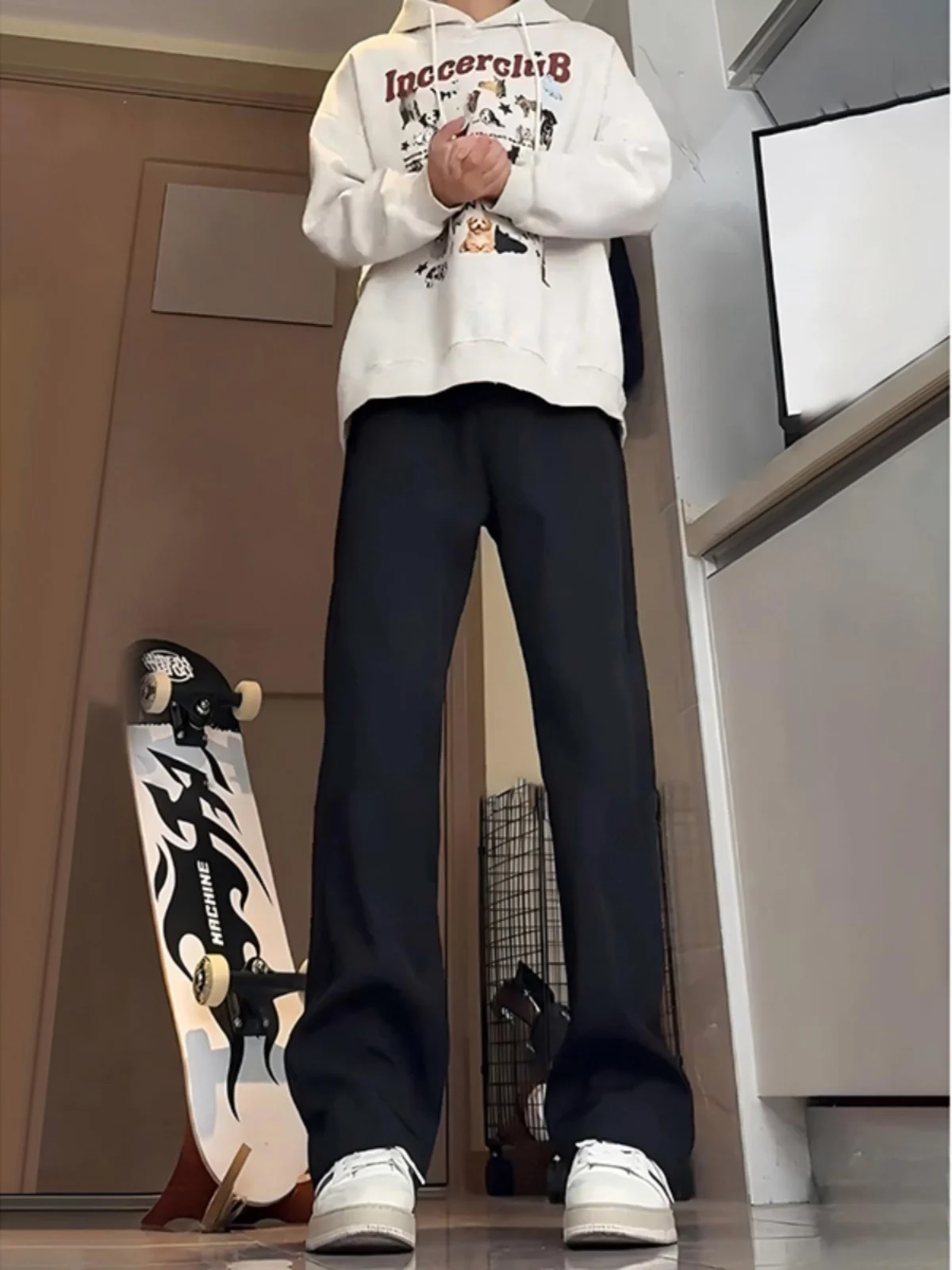 

Мужские повседневные брюки прямого кроя в американском стиле, струящиеся, стройнящие, длинные, весенние, модные, молодежные, из полиэфирного волокна