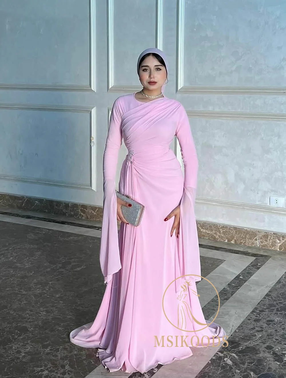 Msikoods rosa manga longa vestidos de noite modesto vestido de baile drapeado elegante estilo muçulmano vestido de festa de noite para mulher personalizado