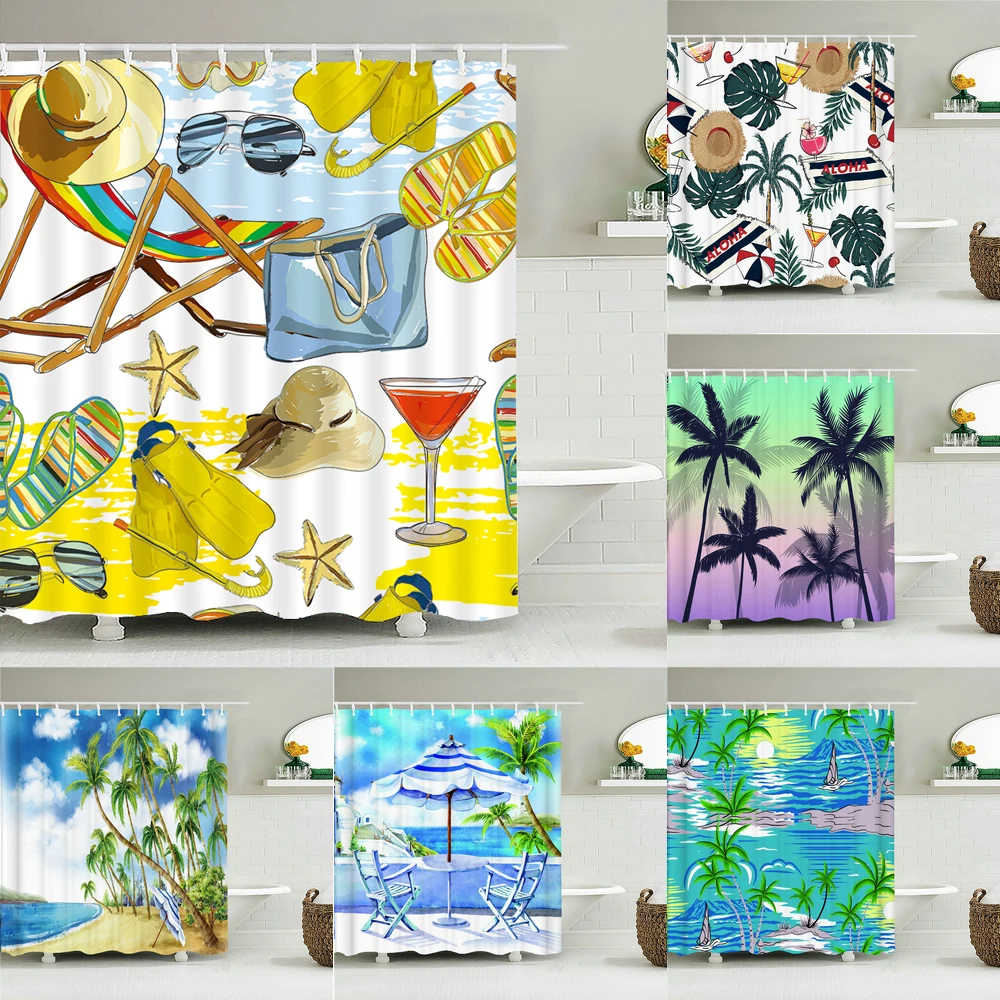 

Водонепроницаемые шторки для душа Sunlight Beach из ткани с 3D-печатью пальм, занавеска для ванной комнаты и душевой с крючками