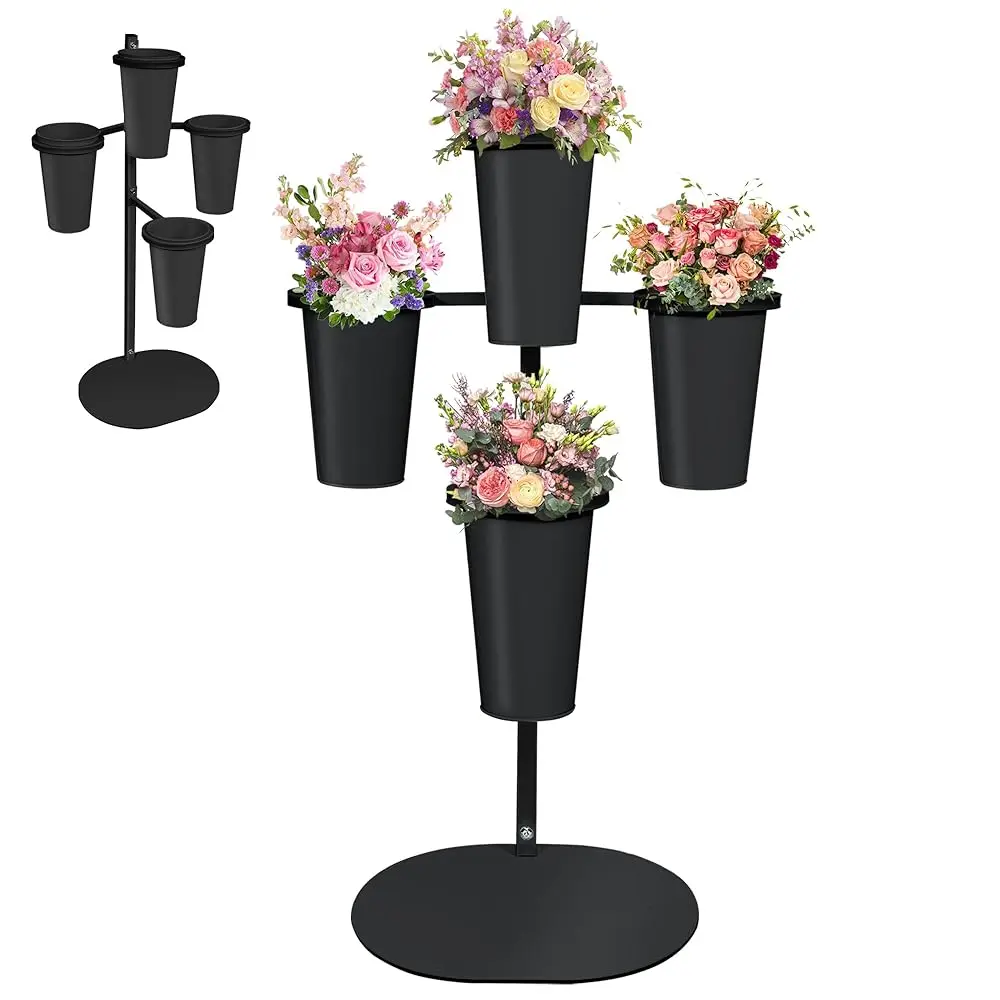 

Display Stand With Buckets, Metal Flower Pot Stand, Florist Bouquet Shelf For Wedding, Party, Events, Oval Base, Black