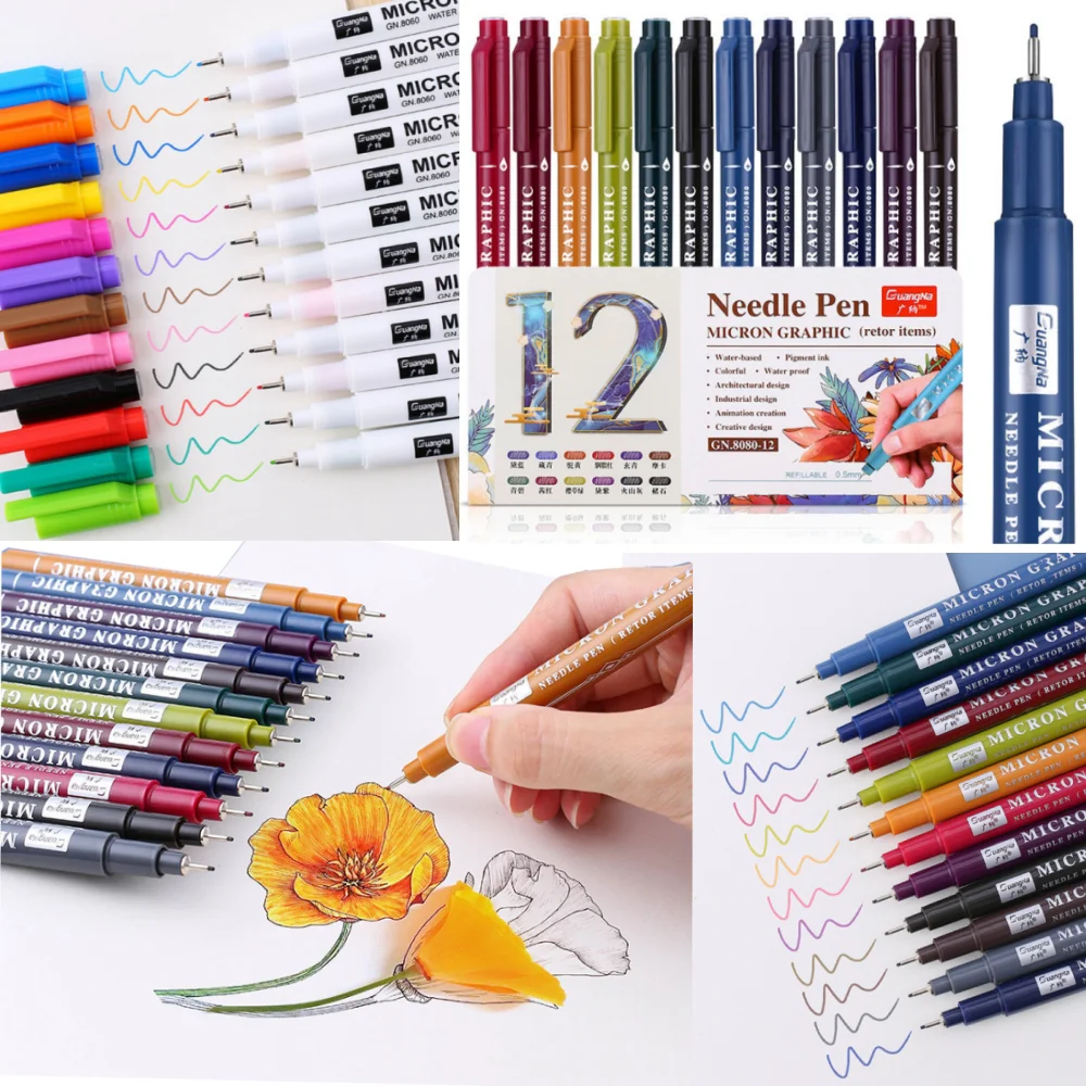 

12 Colors Micron Needle Pens Waterproof 0.5mm Hook Fineliner Pens for Handbook Writing Drawing Sketch Colouring Art Stationery