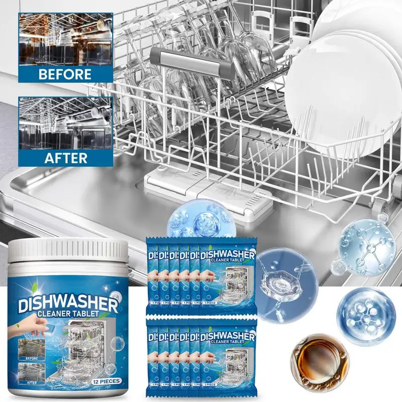 Limescale Remover Effervescent Tablet Dishwasher Cleaner Tablets 12Pcs Dish Decontamination & Odor Cleaning Tablet Kitchen Tools