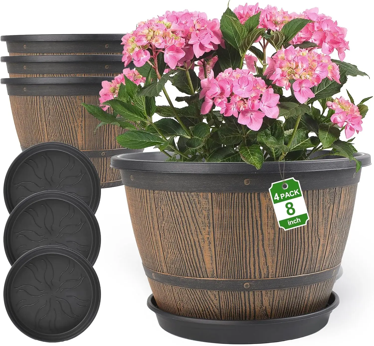 

8-дюймовые горшки для растений для дома и улицы, набор из 4 кашпо в форме винных бочек с дренажными отверстиями и поддонами, пластиковые цветочные горшки под винную бочку