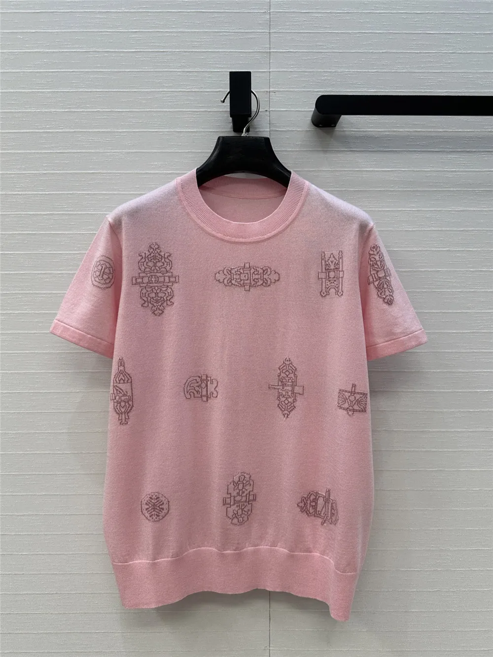 

26 Early Spring New Product High Quality Jacquard Round Neck Women's Short sleeved Knitted Top