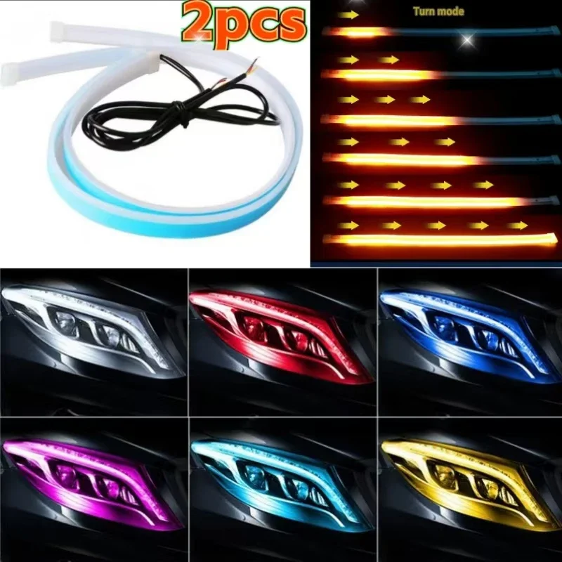 

2Pcs Car Daytime Running Light Flexible Waterproof DRL Strip Sequential YellowTurn Signal Brake Flow Lights 12V Auto Accessories