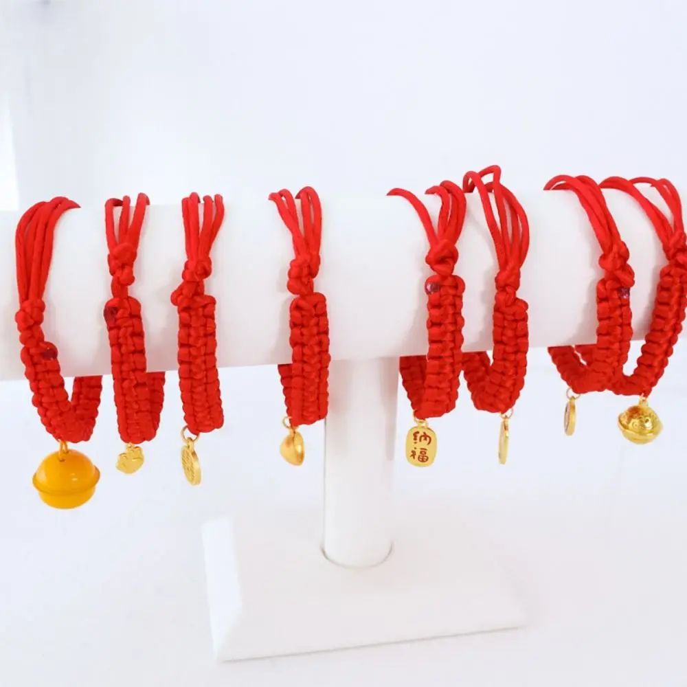 Traditional Red Rope Braided Cat Collar Chinese Style Lucky Bless Fortune Bell Cat Collar Adjustable Hand Knit Cat Collar