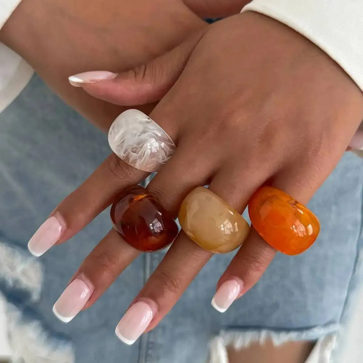 KunJoe Retro Wine Red Orange Resin Acrylic Chunky Rings Set for Women Minimalist Geometric Smooth Knuckle Rings Elegant Jewelry