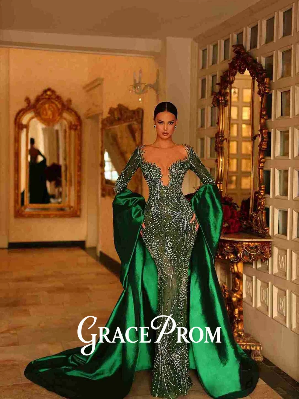 

GraceProm Magnificent Deep-V Evening Dress 2026 Sparkling Satin-Cape Carpet Gown Fashionable A-Line Floor-Length Party Gown فس