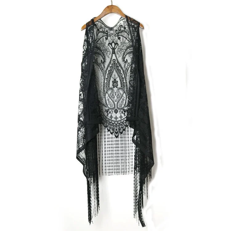 

Black Lace Hollow out Beach Shoulder Wrap Cardigan Loose Tassel Punk Style Women's Summer Fashion Sleeveless V-Neck Midi Coat