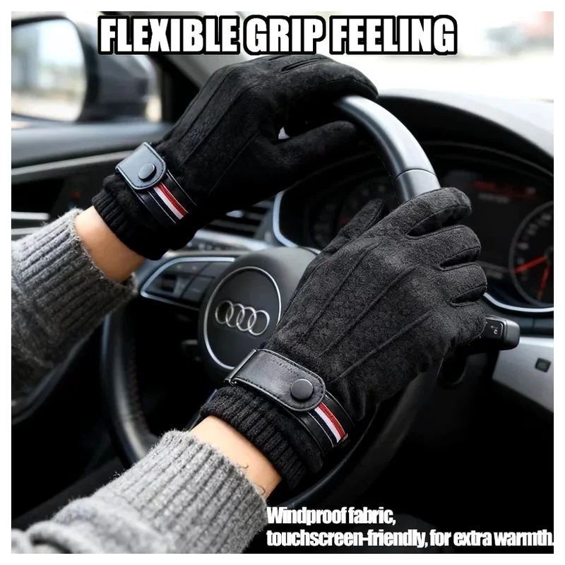 Soft Suede-like Fabric Split Military Style Thickened Touchscreen Buckle Gloves Mitten Driving Ski Winter Warm Outdoor for Men