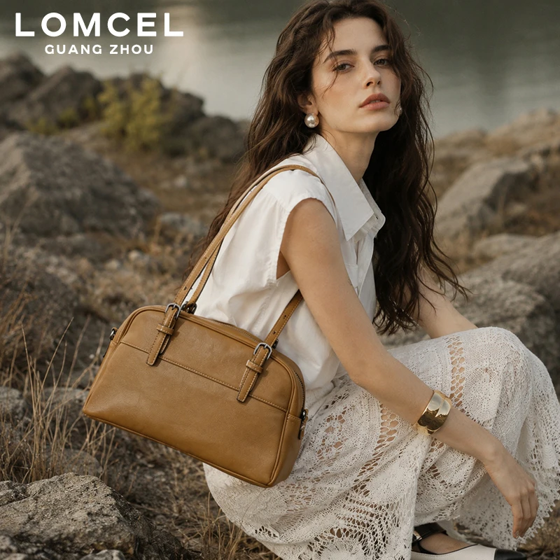 LOMCEL 214 New autumn model of leather bowling bag made from plant-fiber cowhide, suitable for petite women, featuring retro and