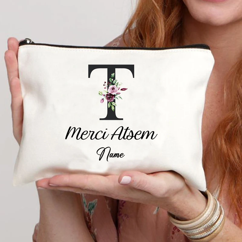 Trousse de maquillage en toile avec nom personnalisé pour femme, trousse de toilette, rouge à lèvres, sac de rangement de voyage, cadeau de festival, fleur de la colonne vertébrale et du mal de tête, merci