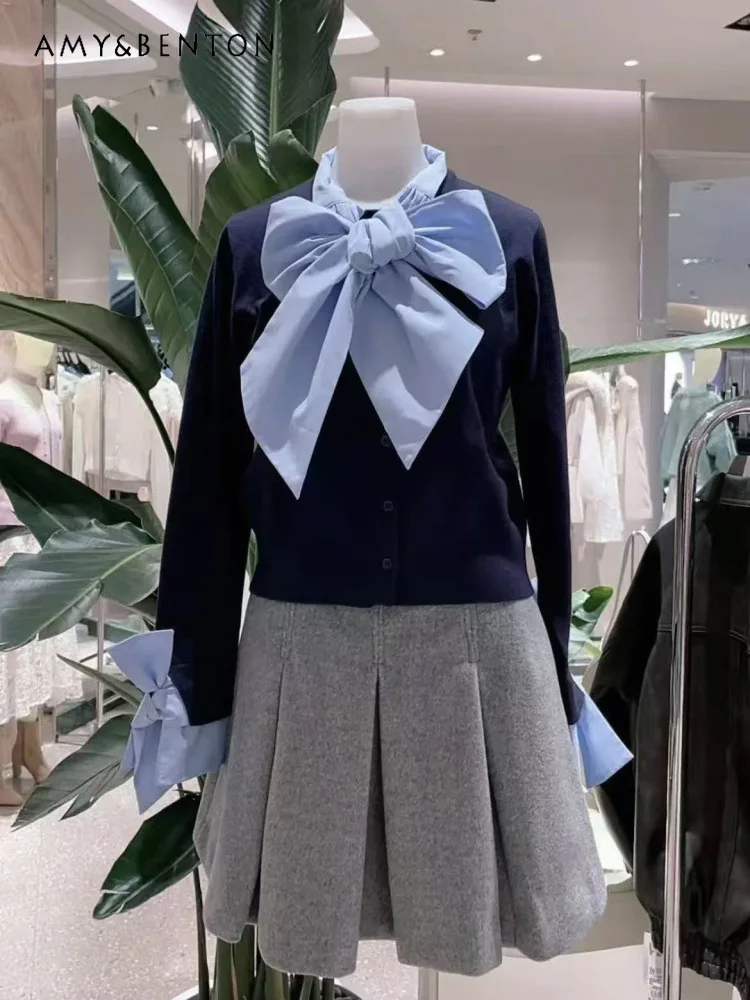 

Japanese College Style Bow Tie Lace-up Patchwork Knitted Fake Two-piece Long Sleeve Top Office Lady Elegant Slim Short Sweater