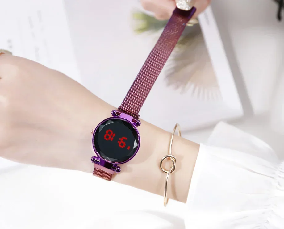 Luxury LED Women Magnetic Bracelet Necklace Earrings Ring Watch Rose Gold Digital Dress Watch Quartz Wristwatch Ladies Clock