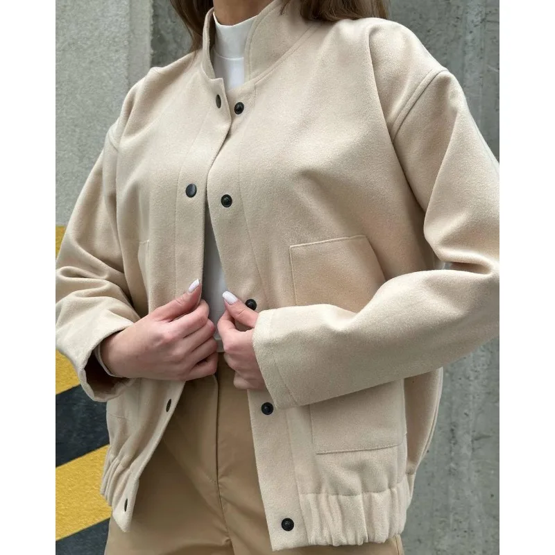 Jaqueta bomber de manga comprida de peito único feminina, casaco feminino, outerwear solto, gola alta, bolsos, roupas de escritório, primavera, outono