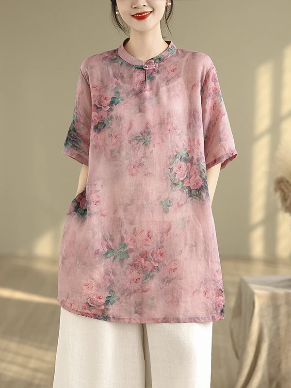 Flachsdruck Anti-Aging Tea irt Damen Große Größe Knopf Stehkragen Mittellanges Sve Blumenoberteil Bequeme Freizeitkleidung