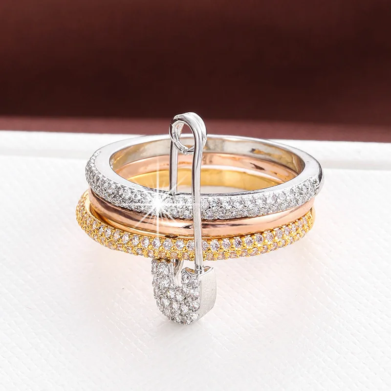 YILUOCD 3 Stück stapelbarer Pin-Ring, dreilagiger Zirkon-Edelstahl-Ring für Frauen, Hip-Hop-Stil, Schmuck, Valentinstagsgeschenk