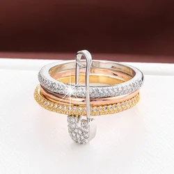 YILUOCD 3pcs Stackable Pin Ring Three Layer Zircon Stainless Steel Rings for Women Hip Hop Style Jewelry Valentines Day Gift