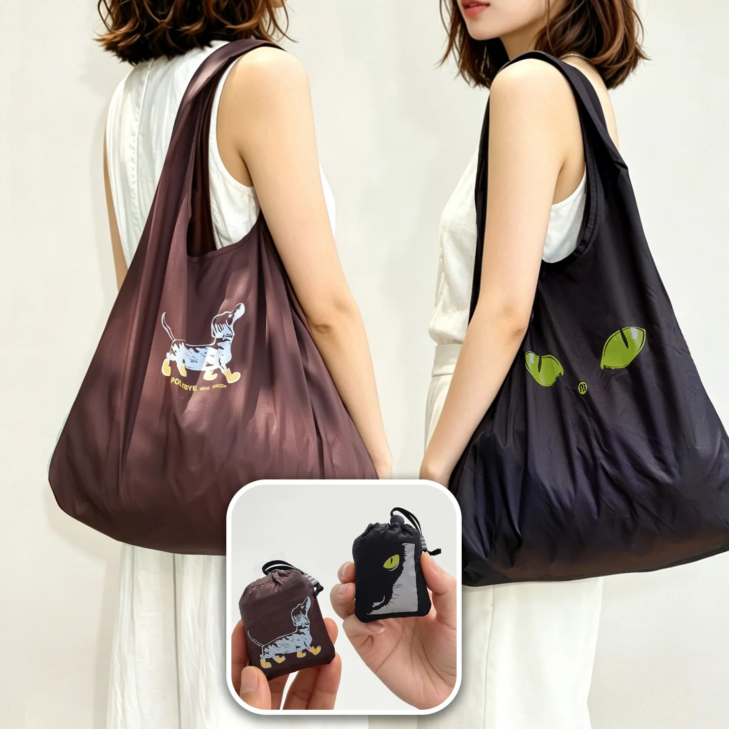 POLYBYE Foldable Shopping Bag Eco-Friendly Tote Bag Grocery Shop Bag cartoon Print Single Shoulder Bag Water Repellent Nylon Bag