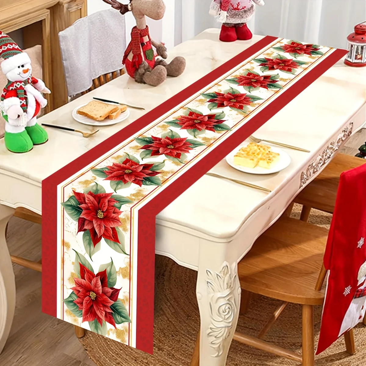 

Christmas Poinsettia Flowers Linen Table Runner Dresser Scarve Reusable Farmhouse Kitchen Table Runner Christmas Decorations