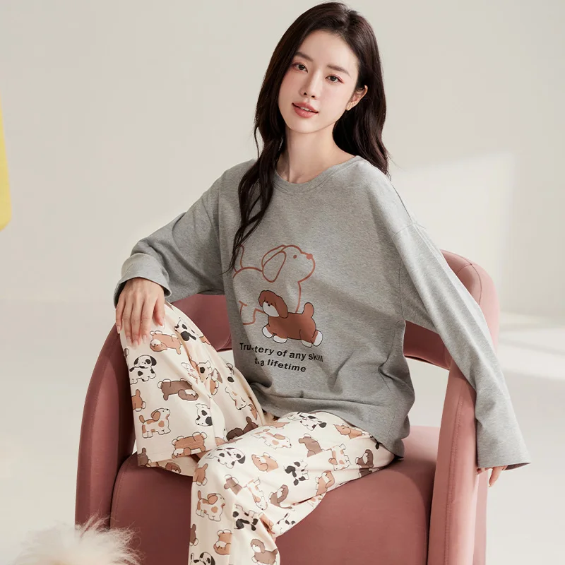 Spring Autumn Women Clothing Cotton Long Sleeves Sleepwear Casual Woman Full Pajamas Sets Pullover Loungewear 2 Pieces Homewear image 5