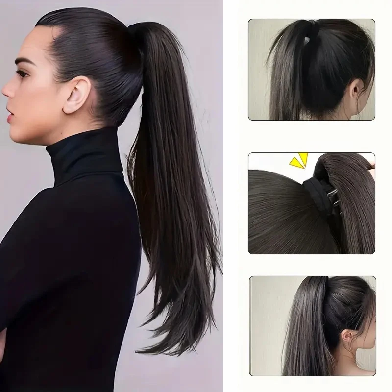 Extensión de cabello sintético para mujer, cola de caballo ligeramente deformada, larga y recta, resistente al calor