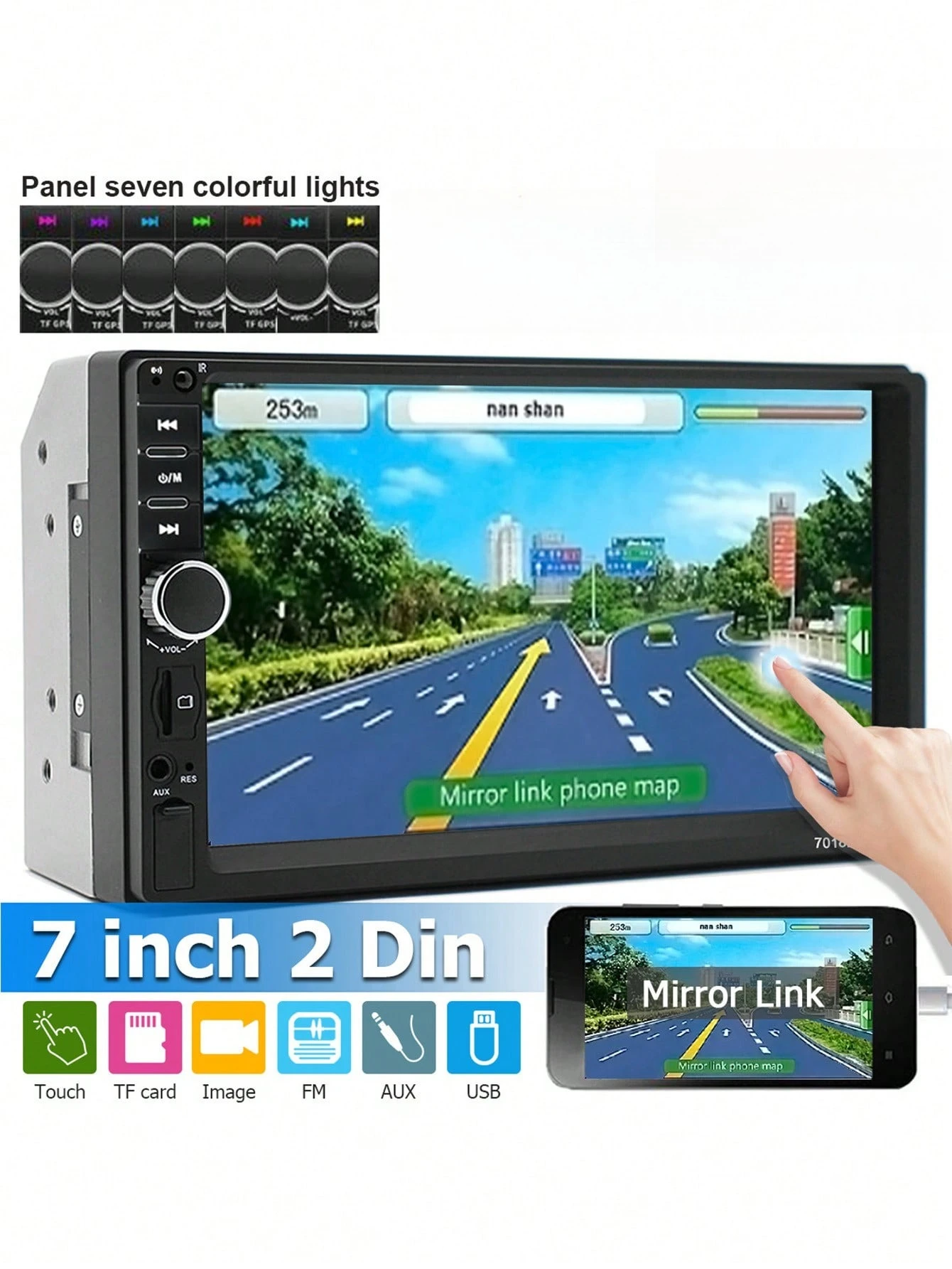 7 Inch Double Din Car Stereo System With Hd Touchscreen Mp5 Player, Rear View Camera, Fm Radio, Usb/Tf Card Reader, Mirror Link