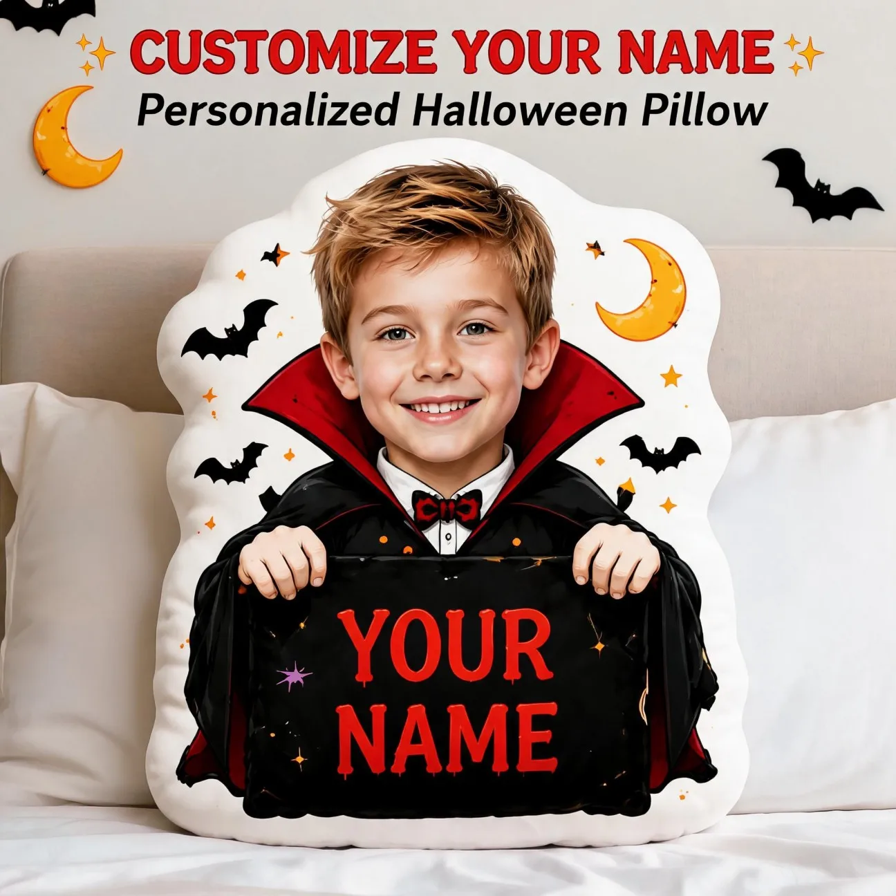 Customized personalized photo shaped pillows, vampire costume character decorative cushions, unique Halloween home decorations,