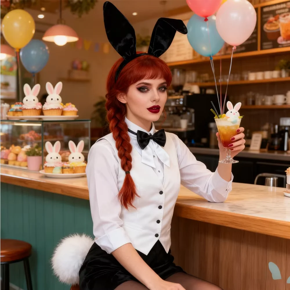 PESENAR 부활절 토끼 의상 세트, 휴일 파티 액세서리용 검은 귀 머리띠, 나비넥타이 및 꼬리 포함